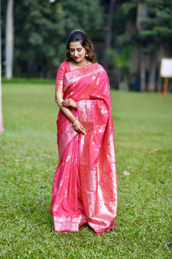 Pink Partywear Banarasi Soft Silk Saree With Unstitched Blouse