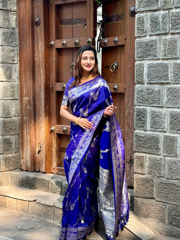 Blue Partywear Banarasi Soft Silk Saree With Unstitched Blouse