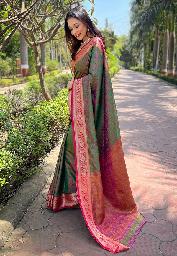 Green Kashmiri Soft Silk With Unstitched Blouse