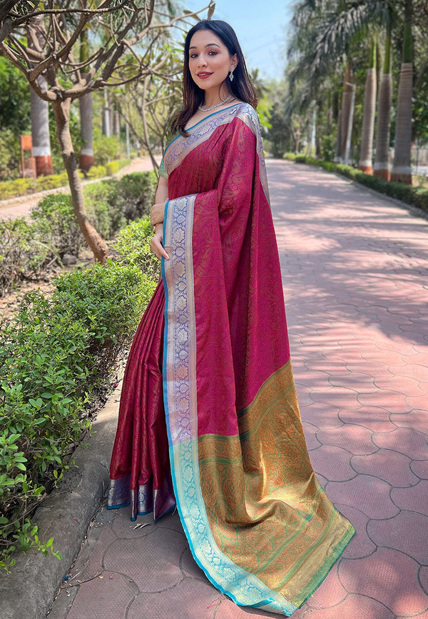 Pink Kashmiri Soft Silk With Unstitched Blouse