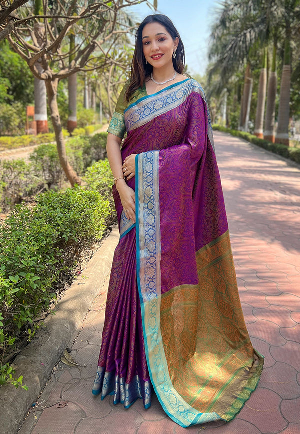 Purple Kashmiri Soft Silk With Unstitched Blouse
