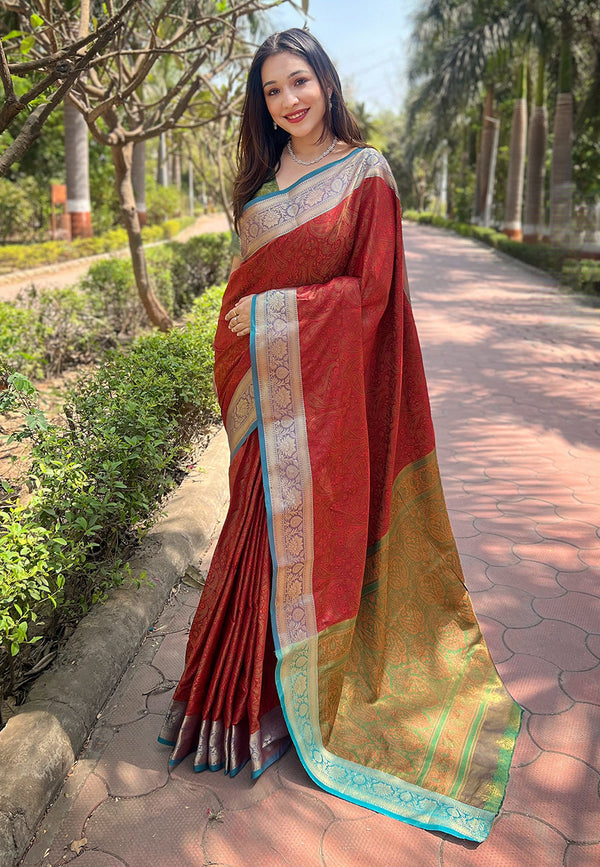 Red Kashmiri Soft Silk With Unstitched Blouse