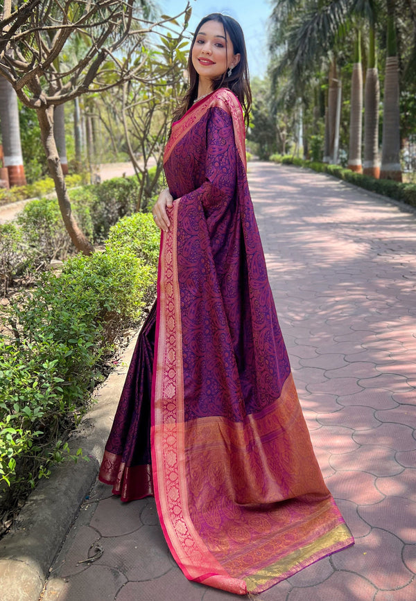Violet Kashmiri Soft Silk With Unstitched Blouse