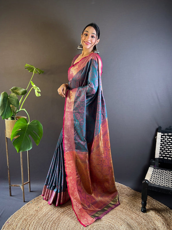Blue Kashmiri Banarasi Saree With Unstitched Blouse