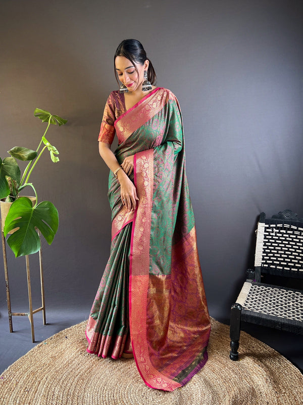 Green Kashmiri Banarasi Saree With Unstitched Blouse