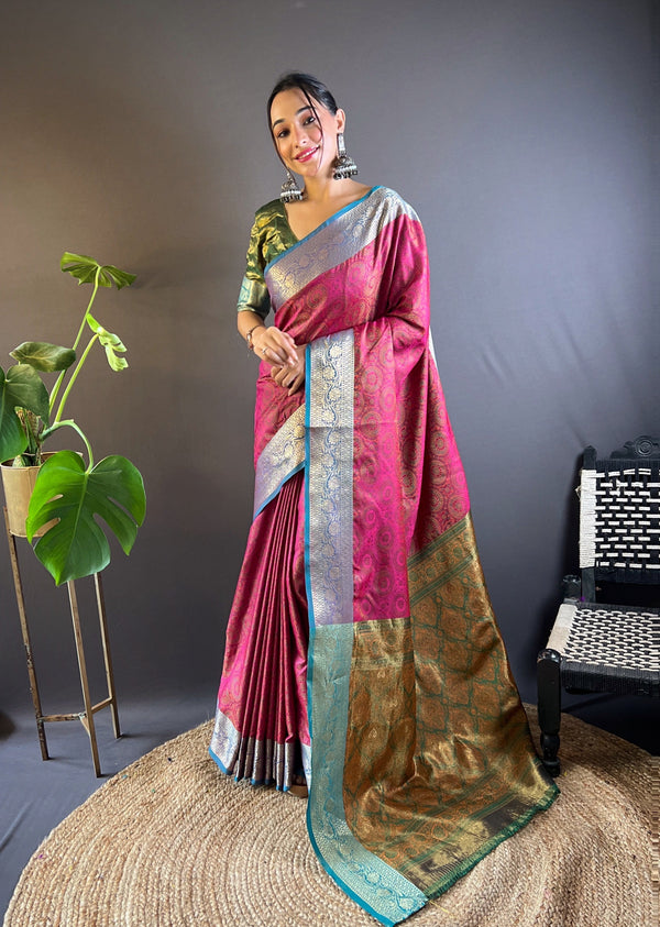 Pink Kashmiri Banarasi Saree With Unstitched Blouse