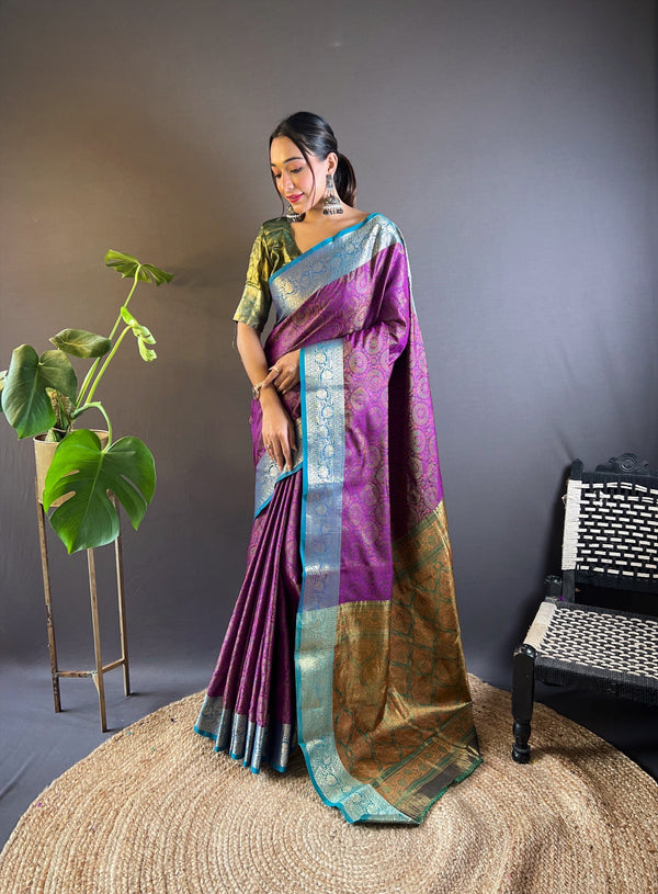 Purple Kashmiri Banarasi Saree With Unstitched Blouse