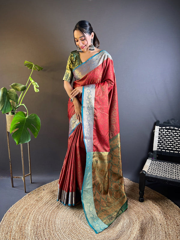 Red Kashmiri Banarasi Saree With Unstitched Blouse