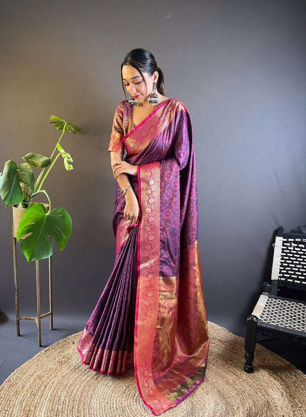 Violet Kashmiri Banarasi Saree With Unstitched Blouse