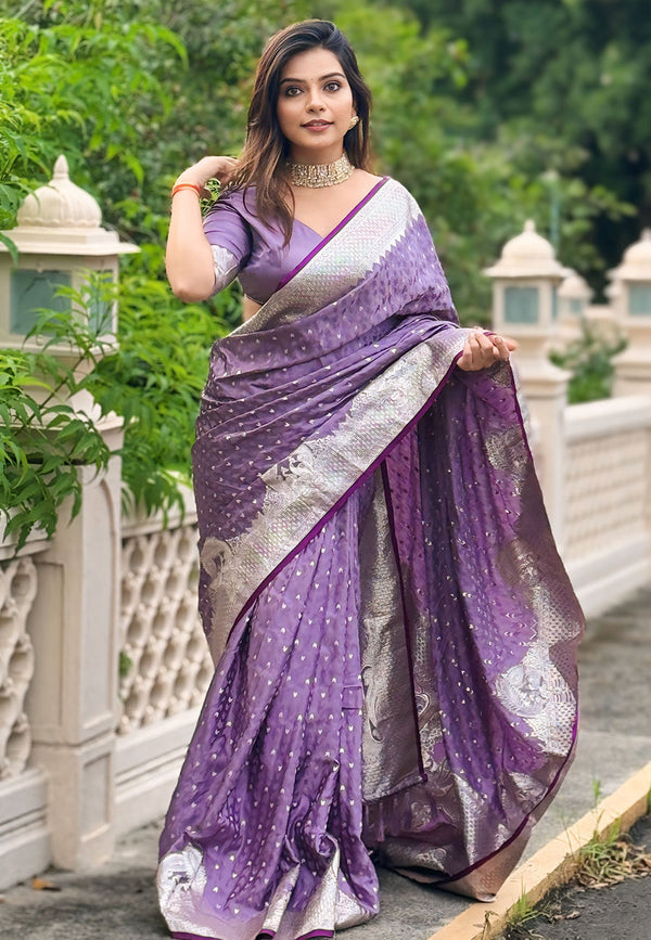 Purple Banarasi Antique Silk Saree With Unstitched Blouse