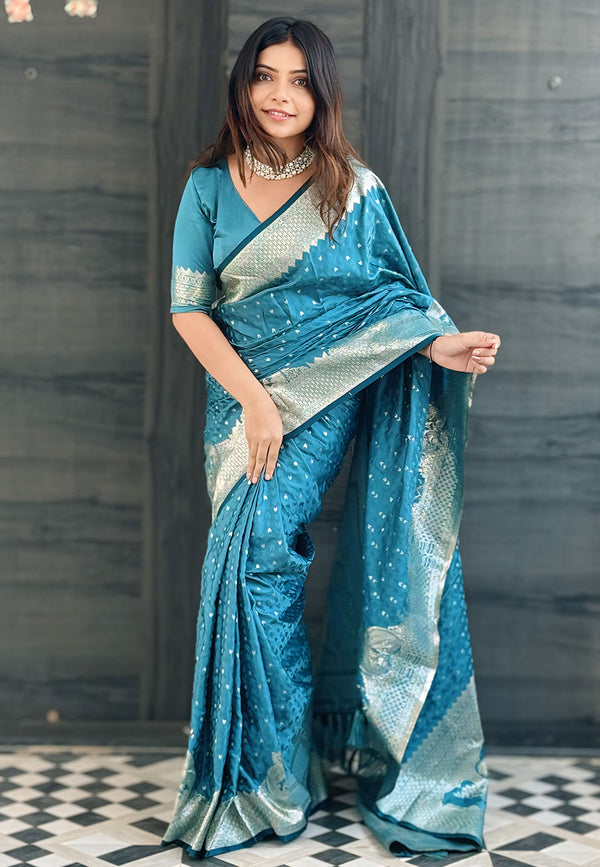 Blue Banarasi Antique Silk Saree With Unstitched Blouse