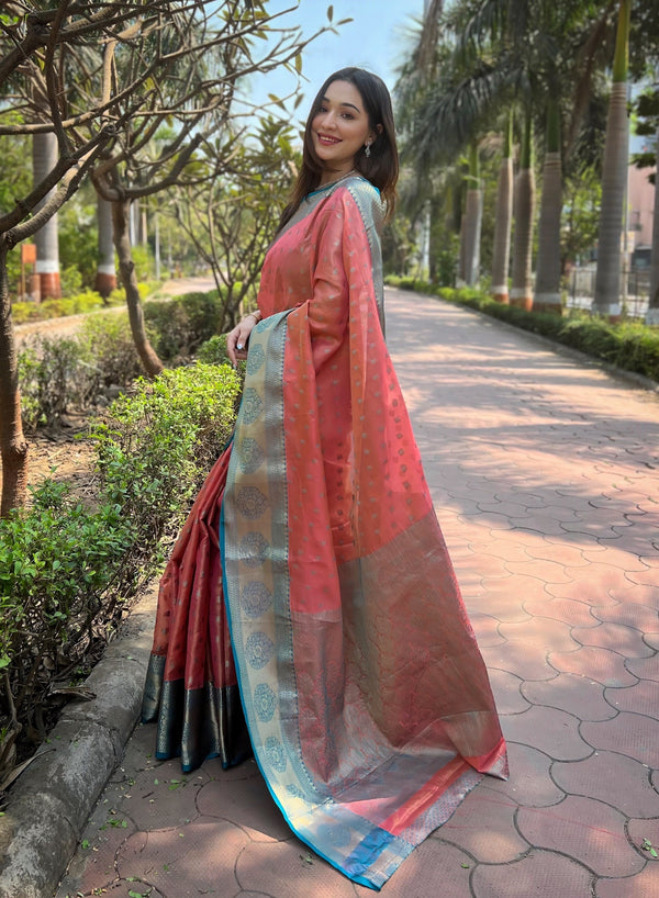 Red Banarasi Saree With Unstitched Blouse