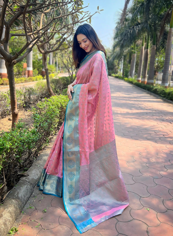 Pink Banarasi Saree With Unstitched Blouse