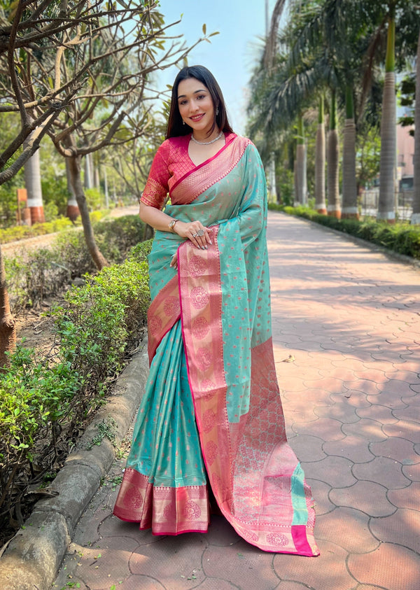 Blue Banarasi Saree With Unstitched Blouse