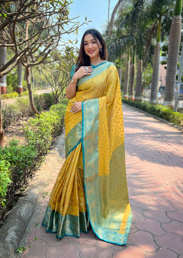 Yellow Banarasi Saree With Unstitched Blouse