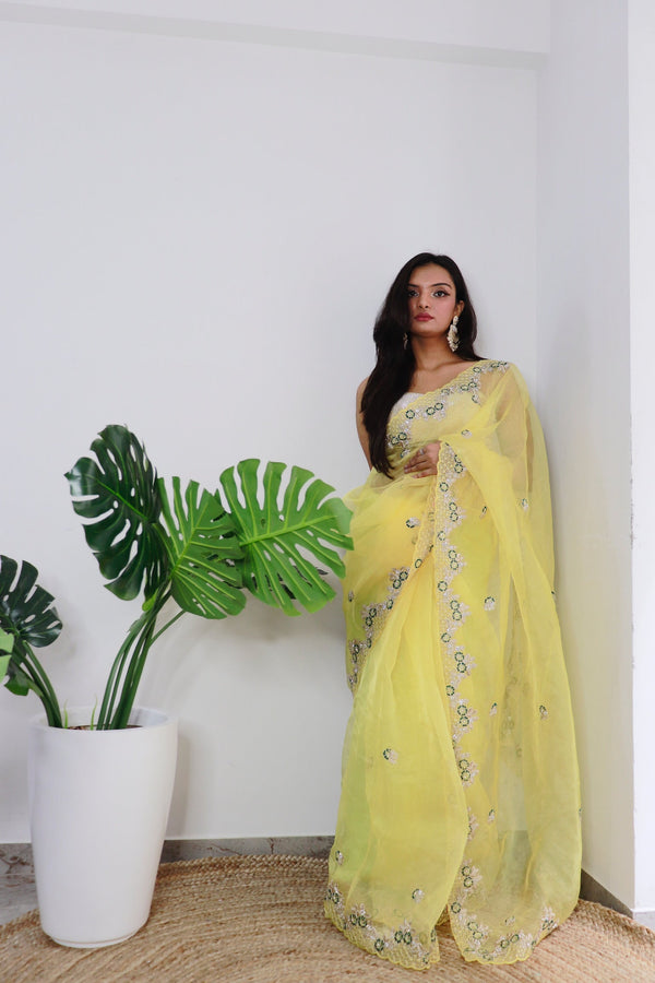 Yellow Organza Saree With Satin Benglori Blouse With Unstitched Blouse