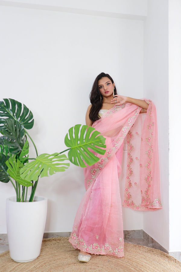 Peach Organza Saree With Satin Benglori Blouse With Unstitched Blouse