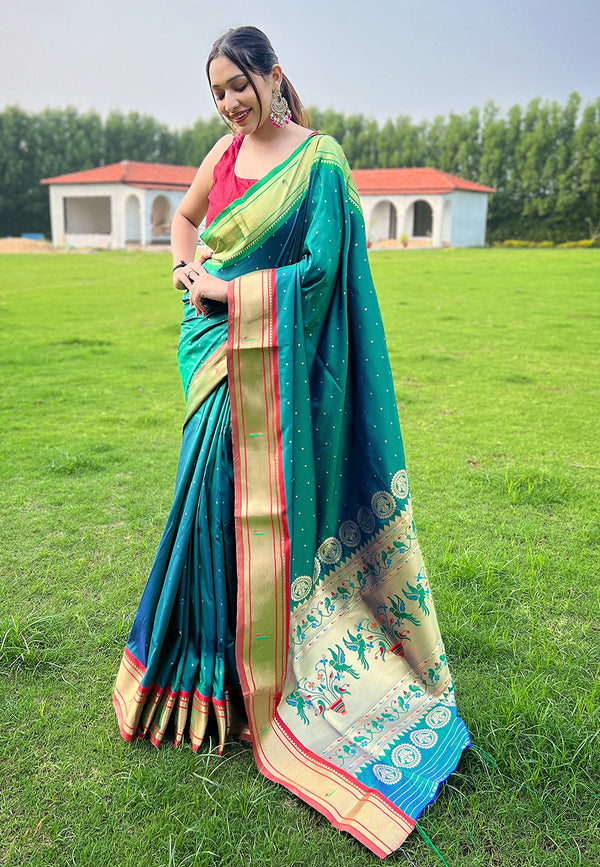 Green Silk Saree With Unstitched Blouse