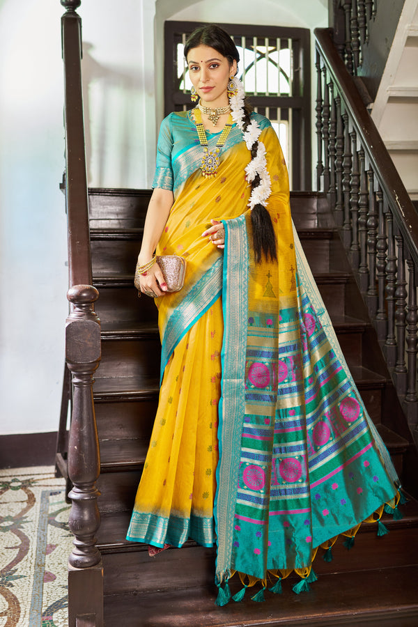 Yellow Rama Raw Silk Saree With Unstitched Blouse