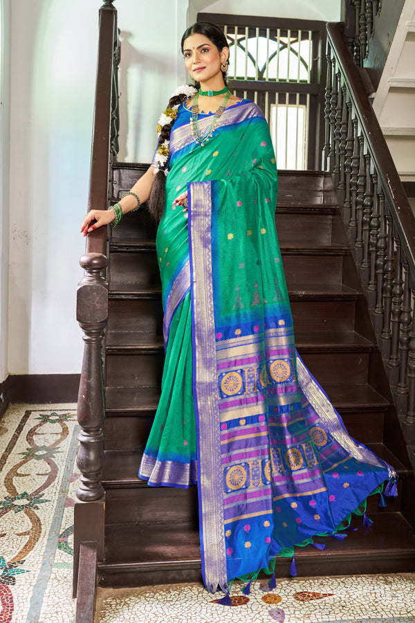 Green Rama Raw Silk Saree With Unstitched Blouse
