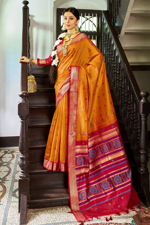 Mustard Raw Silk Saree With Unstitched Blouse