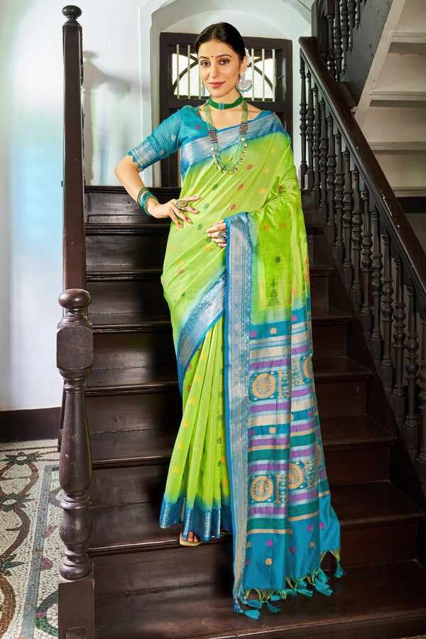 Parrot Green Raw Silk Saree With Unstitched Blouse