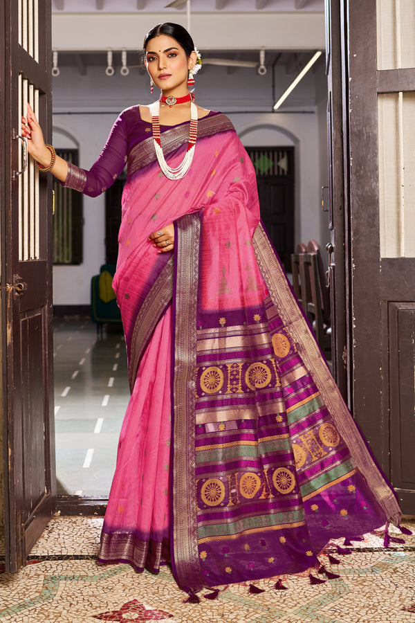 Pink Raw Silk Saree With Unstitched Blouse
