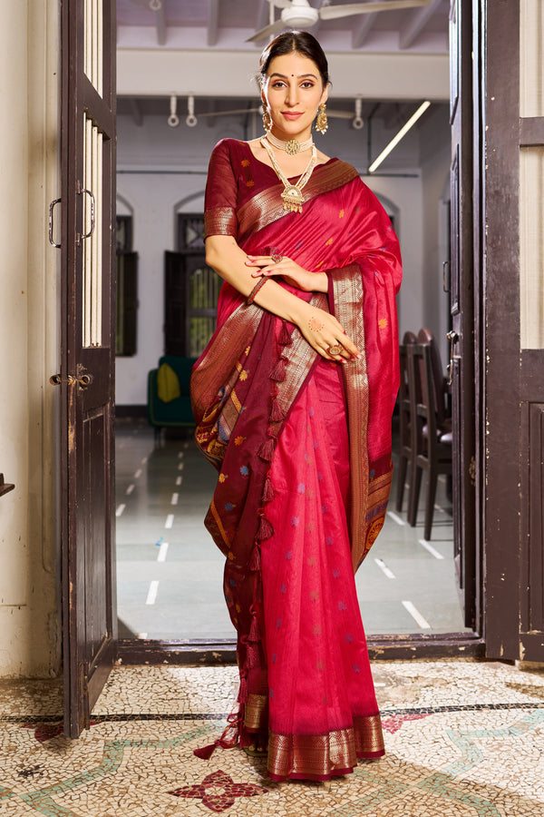 Red Raw Silk Saree With Unstitched Blouse