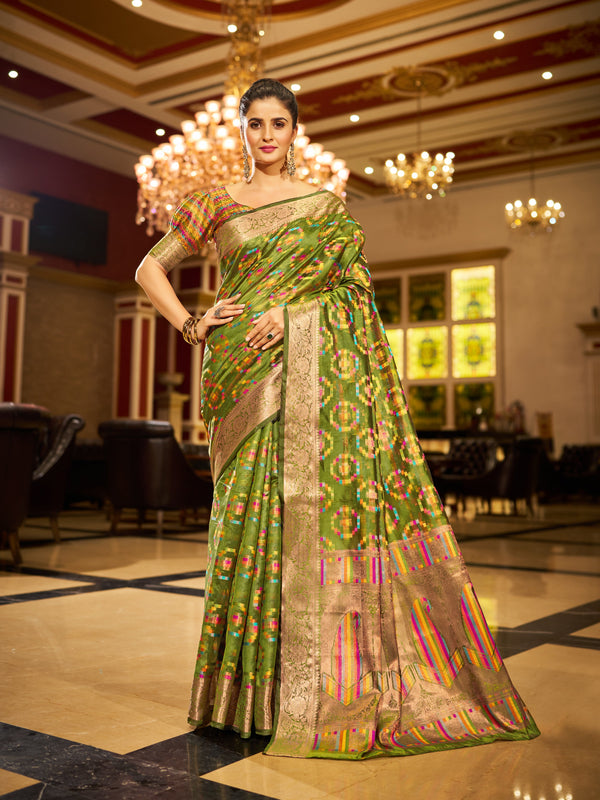 Mahendi Green Organza Saree With Unstitched Blouse