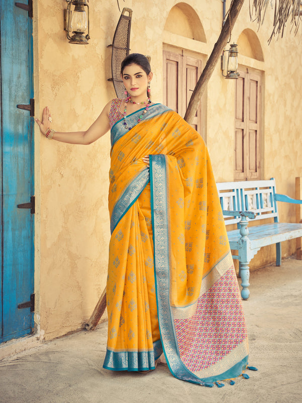 Yellow  Raw Silk Saree With Unstitched Blouse