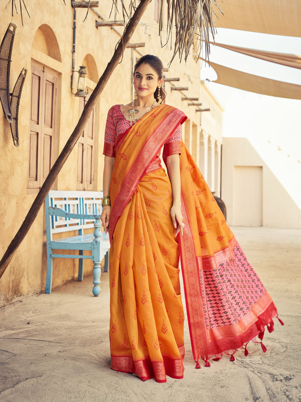 Orange Raw Silk Saree With Unstitched Blouse