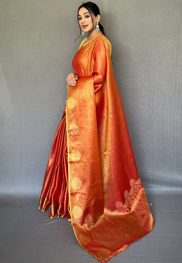 Orange Silk Saree With Unstitched Blouse