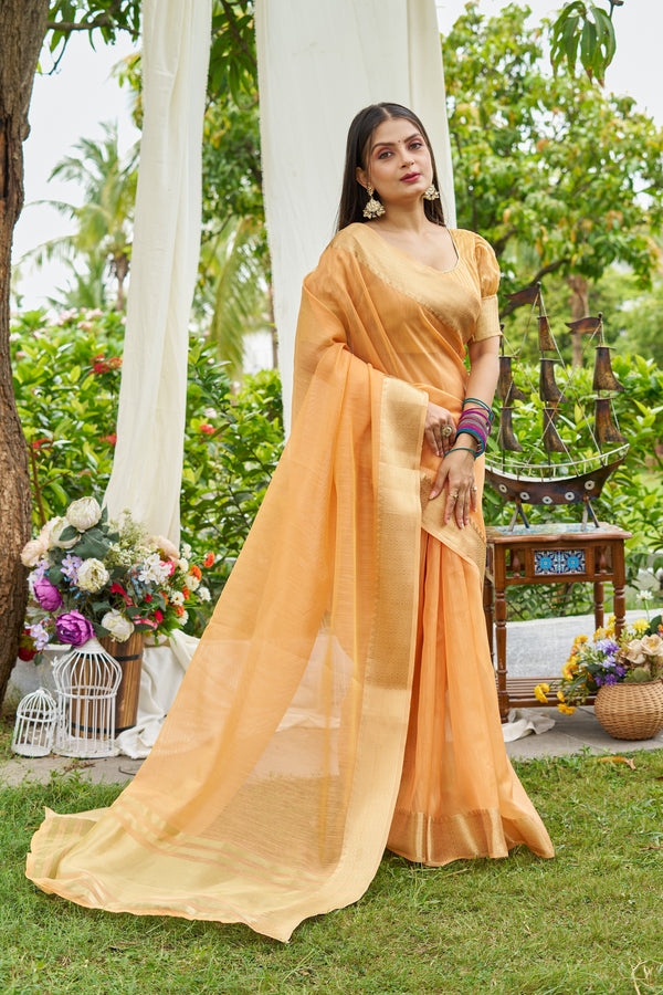 Orange Linen Saree With Unstiched Blouse