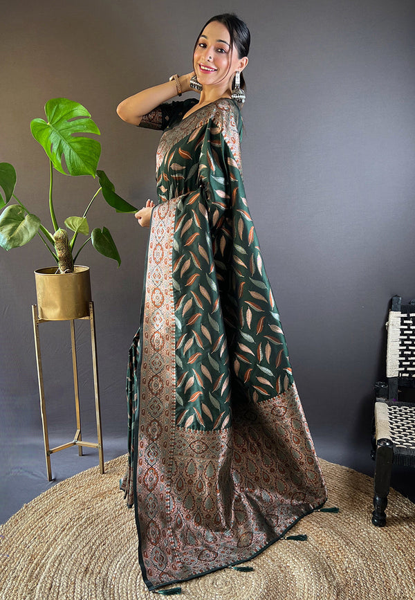 Green Banarasi Saree With Unstitched Blouse