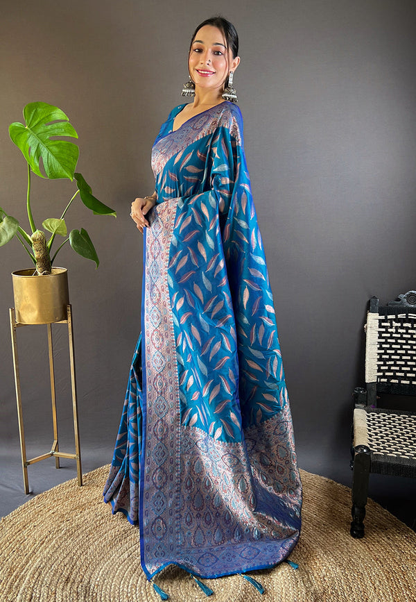Blue Banarasi Saree With Unstitched Blouse