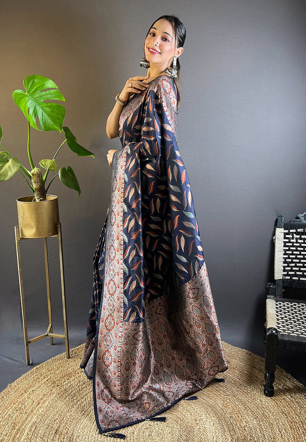 Blue Banarasi Saree With Unstitched Blouse