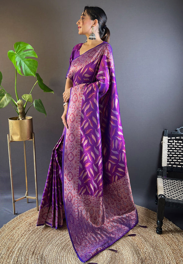 Purple Banarasi Saree With Unstitched Blouse