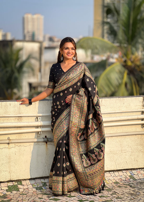 Black Banarasi Silk Blend Saree With Unstitched Blouse