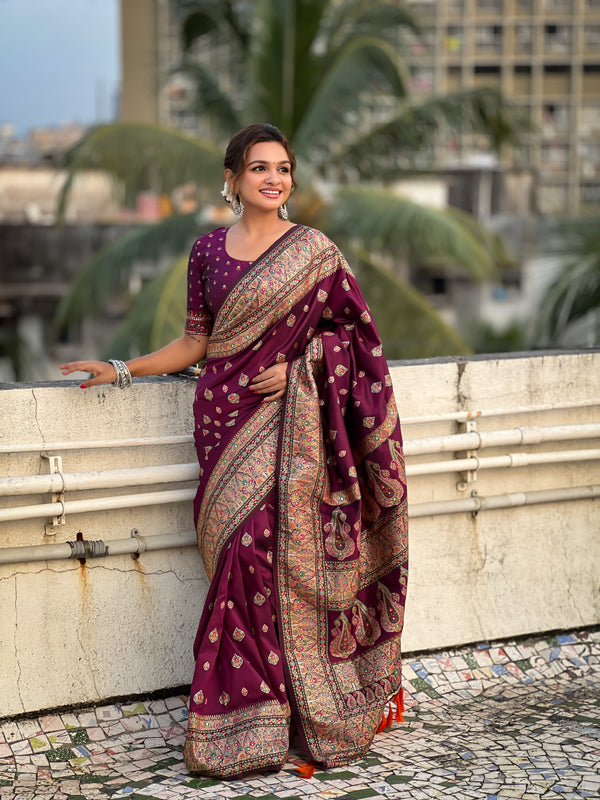 Maroon Banarasi Silk Blend Saree With Unstitched Blouse