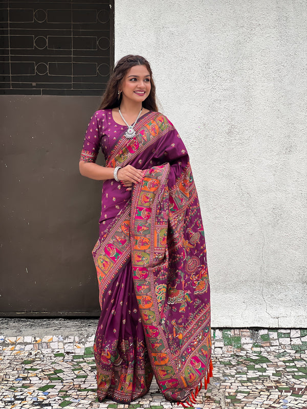 Wine Banarasi Silk Blend Saree With Unstitched Blouse