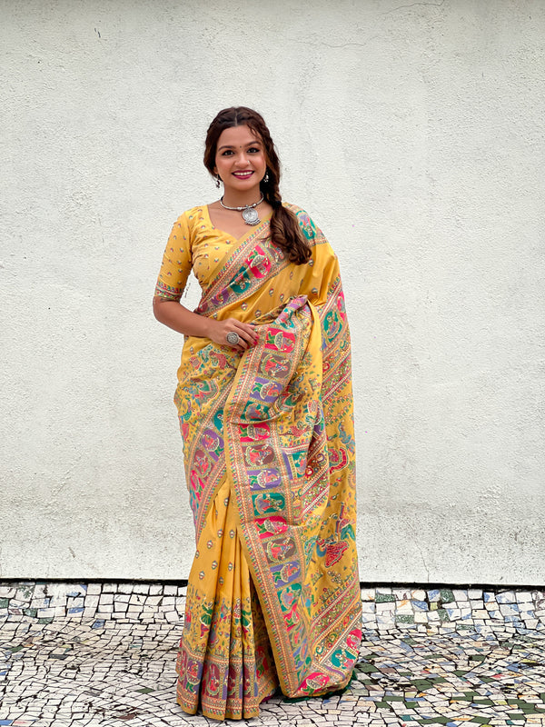 Yellow Banarasi Silk Blend Saree With Unstitched Blouse