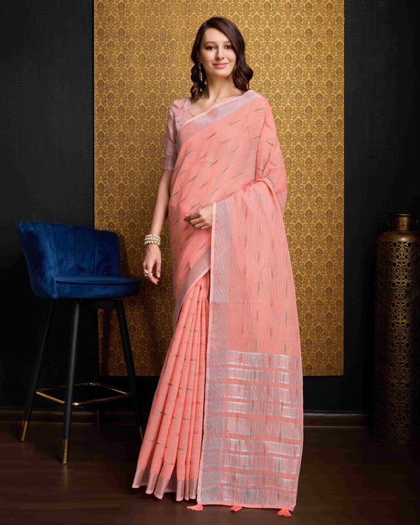 Peach Organza Saree With Unstitched Blouse