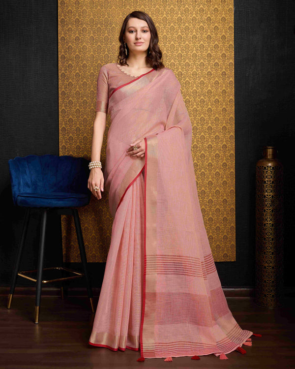 Peach Linen Saree With Unstitched Blouse