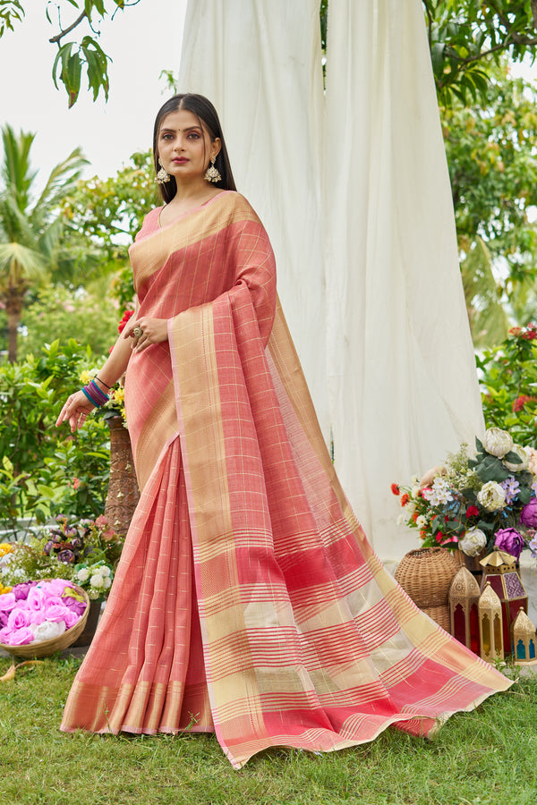 Peach Tissue Saree With Unstiched Blouse