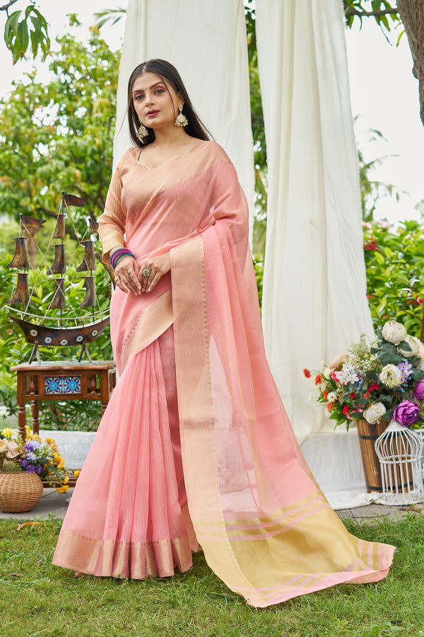 Pink Linen Saree With Unstiched Blouse