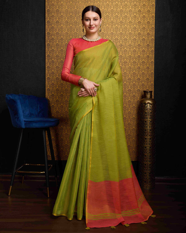 Pista Linen Saree With Unstitched Blouse
