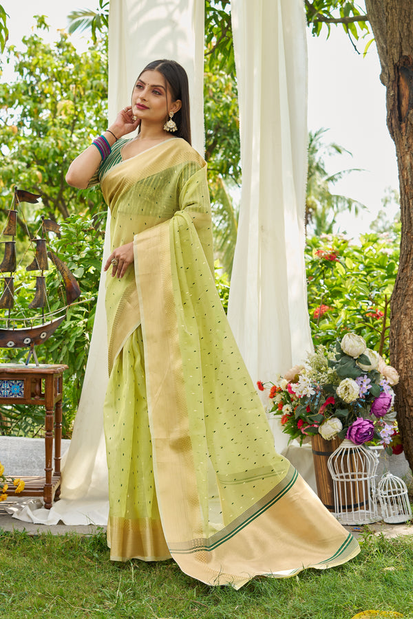 Pista Simmer Silk Saree With Unstiched Blouse