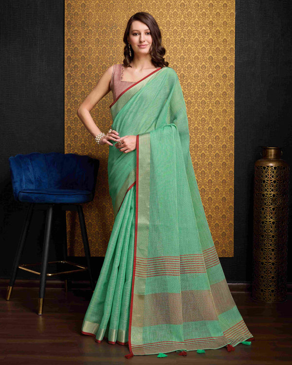 Sea Green Linen Saree With Unstitched Blouse
