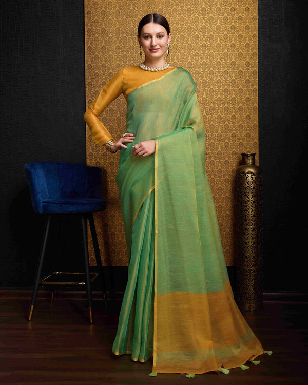 Green Linen Saree With Unstitched Blouse