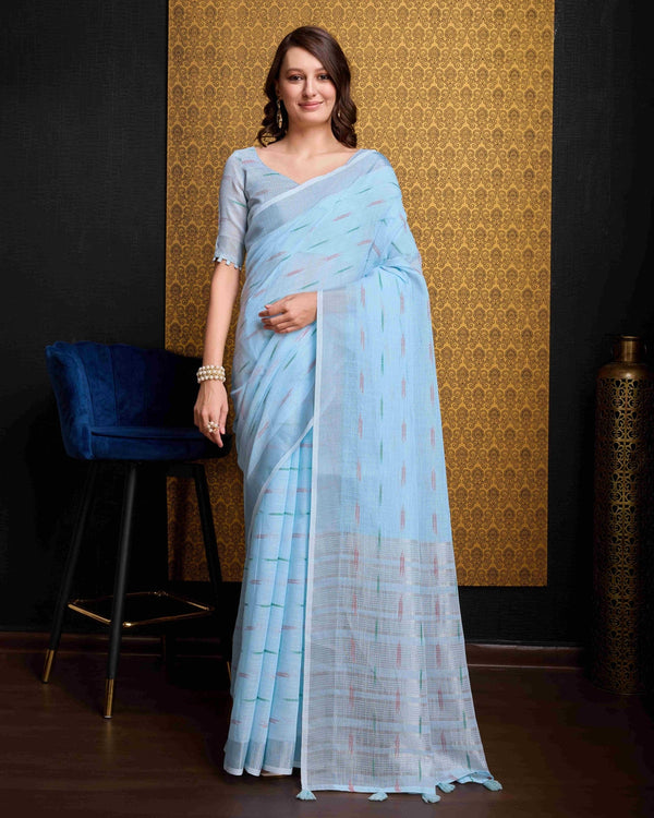 Sky Blue Organza Saree With Unstitched Blouse